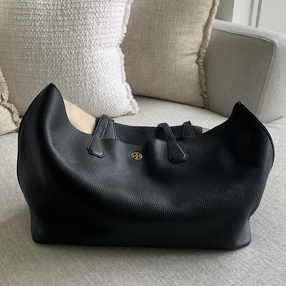 Black Leather Tote Bag by Tory Burch